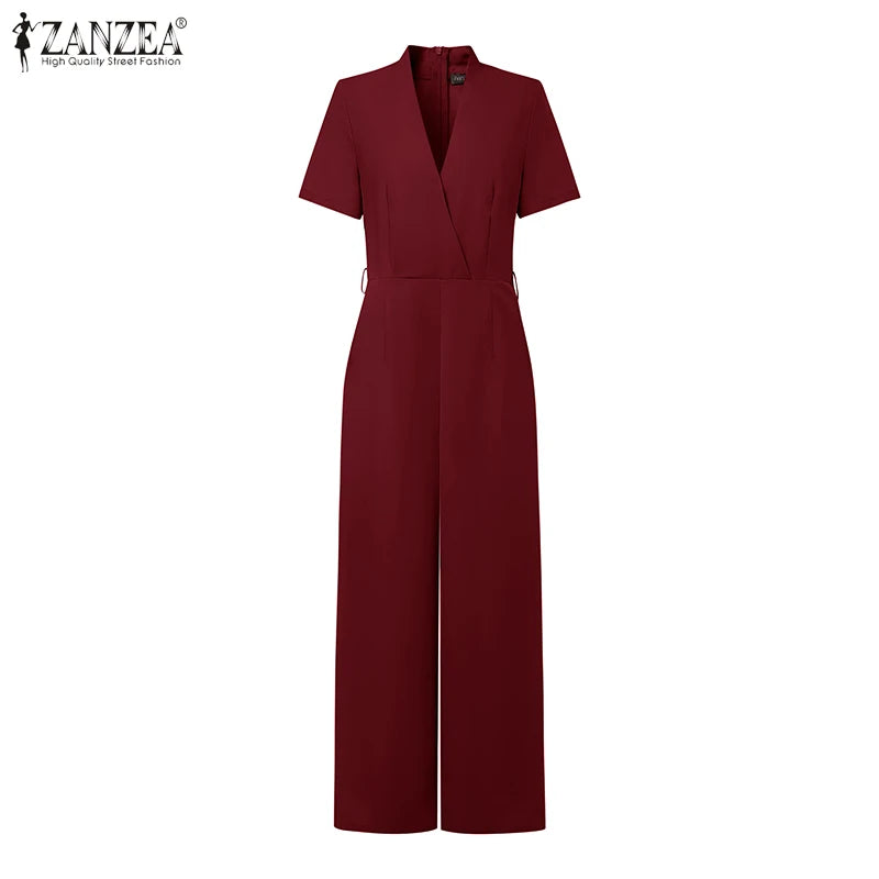 ZANZEA Street Fashion High Waist Jumpsuits Women Workwear Belt Rompers Solid Deep V Neck Elegant Office Lady Long Overalls