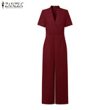 ZANZEA Street Fashion High Waist Jumpsuits Women Workwear Belt Rompers Solid Deep V Neck Elegant Office Lady Long Overalls