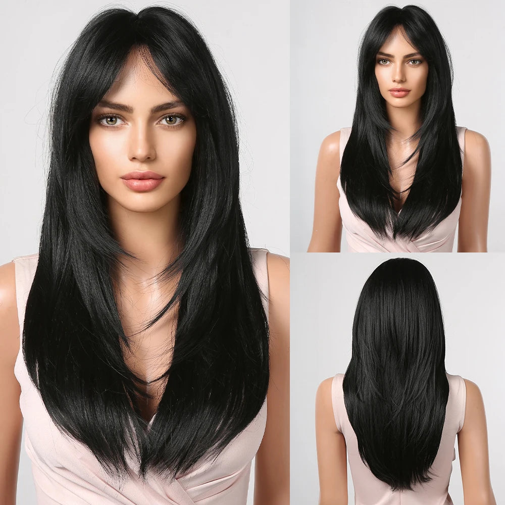 Light Wine Red Synthetic Wigs With Bangs for Women, Long Straight Hair Wig, Natural Cosplay Party, Heat Resistant