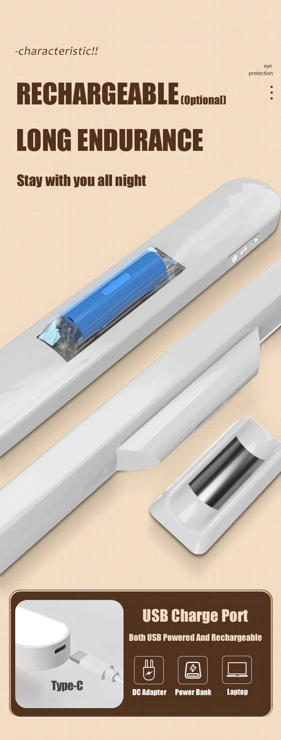 LED Table Lamp Magnetic Hanging USB Rechargeable Desk Lamp 3 Color Reading Light Dimmable Cabinet Closet Wardrobe Night Light