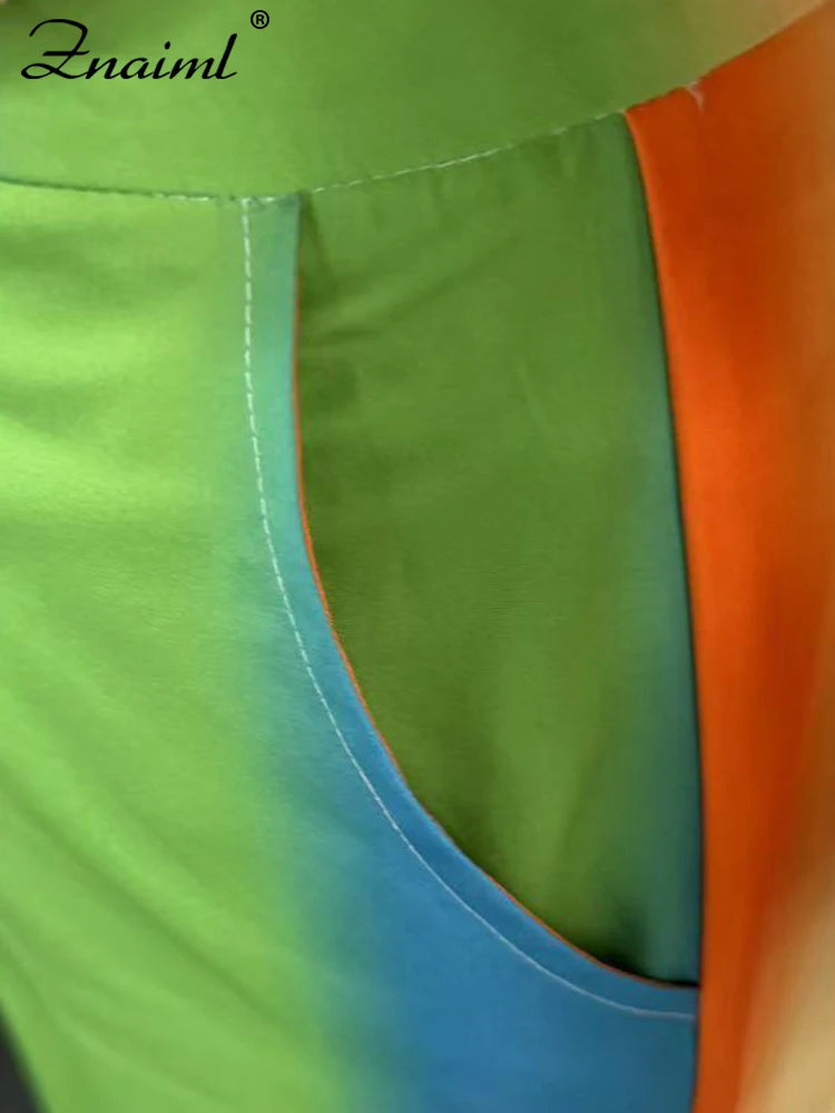 Znaiml Lantern Sleeve Top and Wide Leg Pants Two Piece Set Rainbow Gradient Print Women Outfits Elegant Office Birthday Party