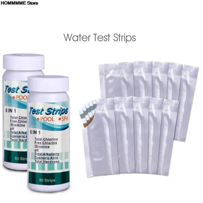 Tiras de prueba de cloro y pH multiusos 6 en 1, 50 unidades por botella, para piscinas y spas.