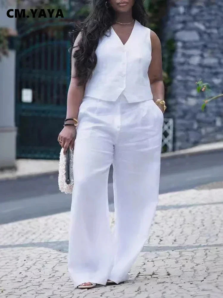 CM.YAYA Street Women's Set Sleeveless Button Fly Vest Shirt and Wide Leg Pants Elegant 2024 Fall Fashion Two 2-Piece Set Outfits