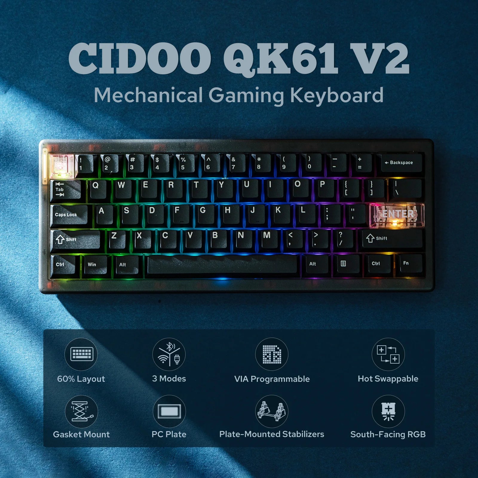 CIDOO QK61 V2 VIA-Programmable 60% Gasket Mount Wired/2.4GHz Wireless/Bluetooth Compact Keyboard with South-Facing LEDs