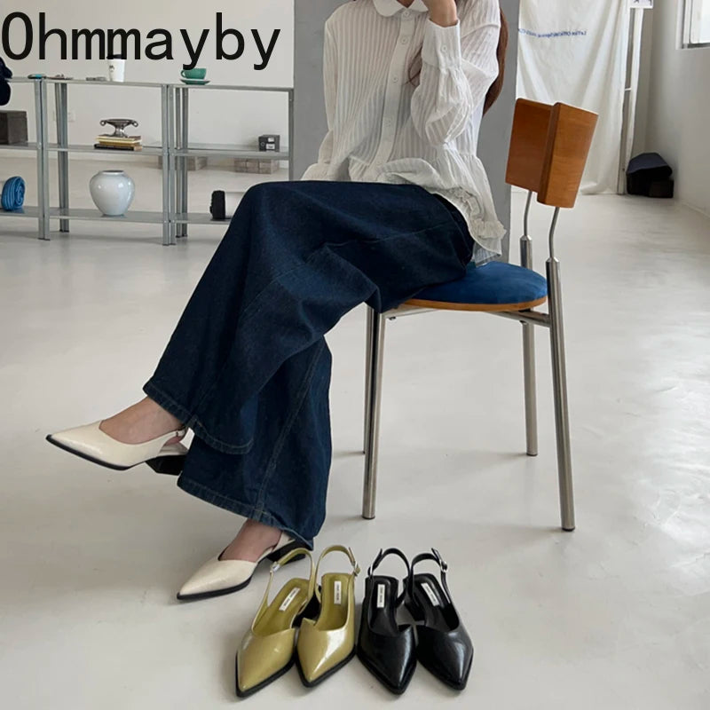 Summer Women's Cover Toe Sandals Elegant Shallow Slip On Shoes Comfort Low Heel Dress Street Style Shoes