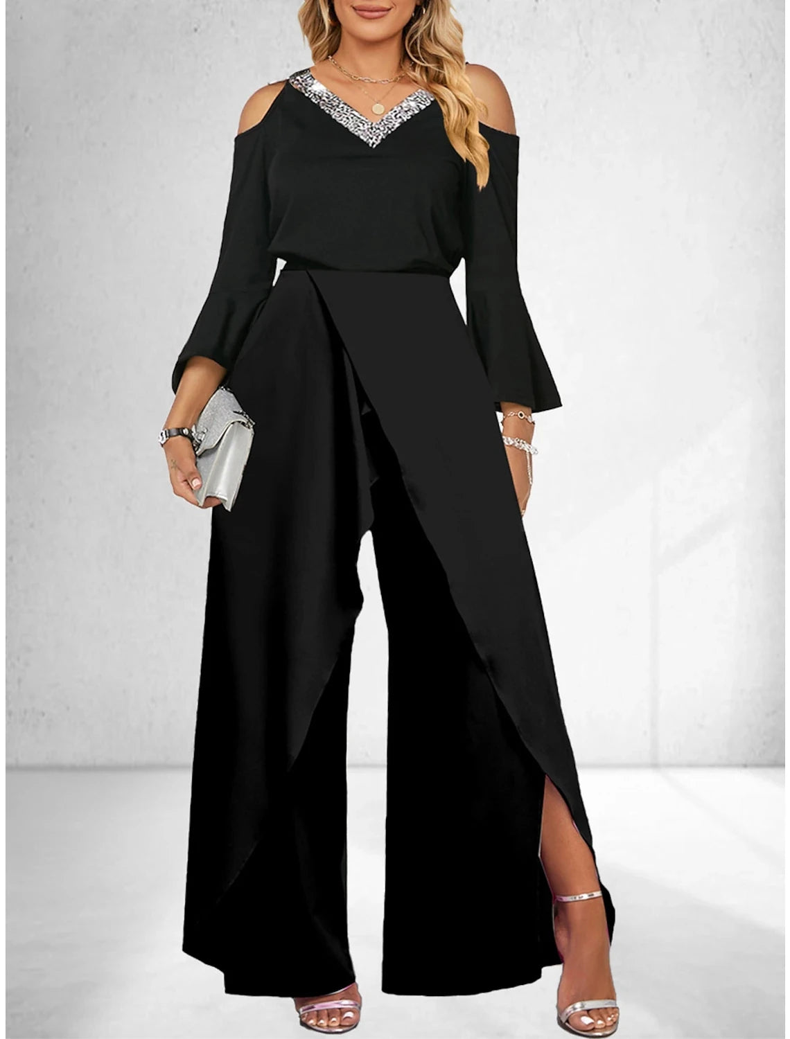 Mono elegante de mujer con escote en V liso y lentejuelas, pierna ancha y mangas acampanadas sueltas