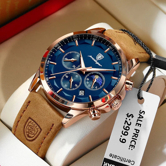 POEDAGAR Reloj de Cuero Genuino para Hombre, Reloj de Pulsera Luminoso con Calendario y Cronómetro, Reloj Masculino Resistente al Agua con Fase Lunar de Cuarzo para Hombre