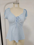 2026 Women Y2k Summer Tops V-Neck Drawstring Sexy Lace Up Short Sleeve Solid Color Shirts Female Elegant Casual Fashion Blouses