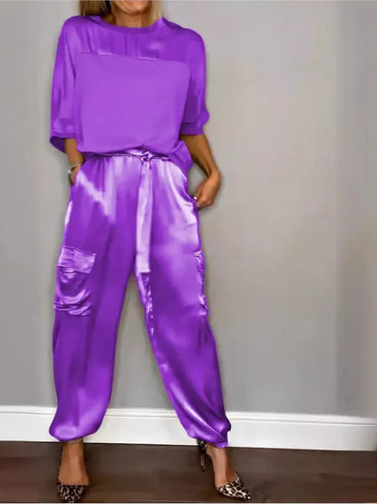 Conjunto de dos piezas de satén de color liso para mujer, moda de primavera y verano, nuevo conjunto de dos piezas con cuello redondo, manga larga, pantalones largos, informal y holgado.