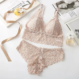 Conjunto de ropa interior de encaje sexy para mujer, sujetador sin costuras y sin aros, conjuntos de sujetador y bragas ahuecados para mujer, lencería íntima bordada