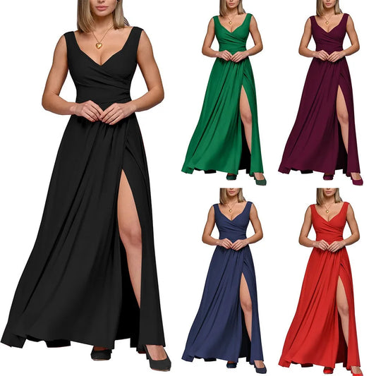 Women's 2025 Summer Solid Color Formal Dress - Sleeveless Evening Gown with Waist Accent, Elegant Floor Length Bridesmaid Dress