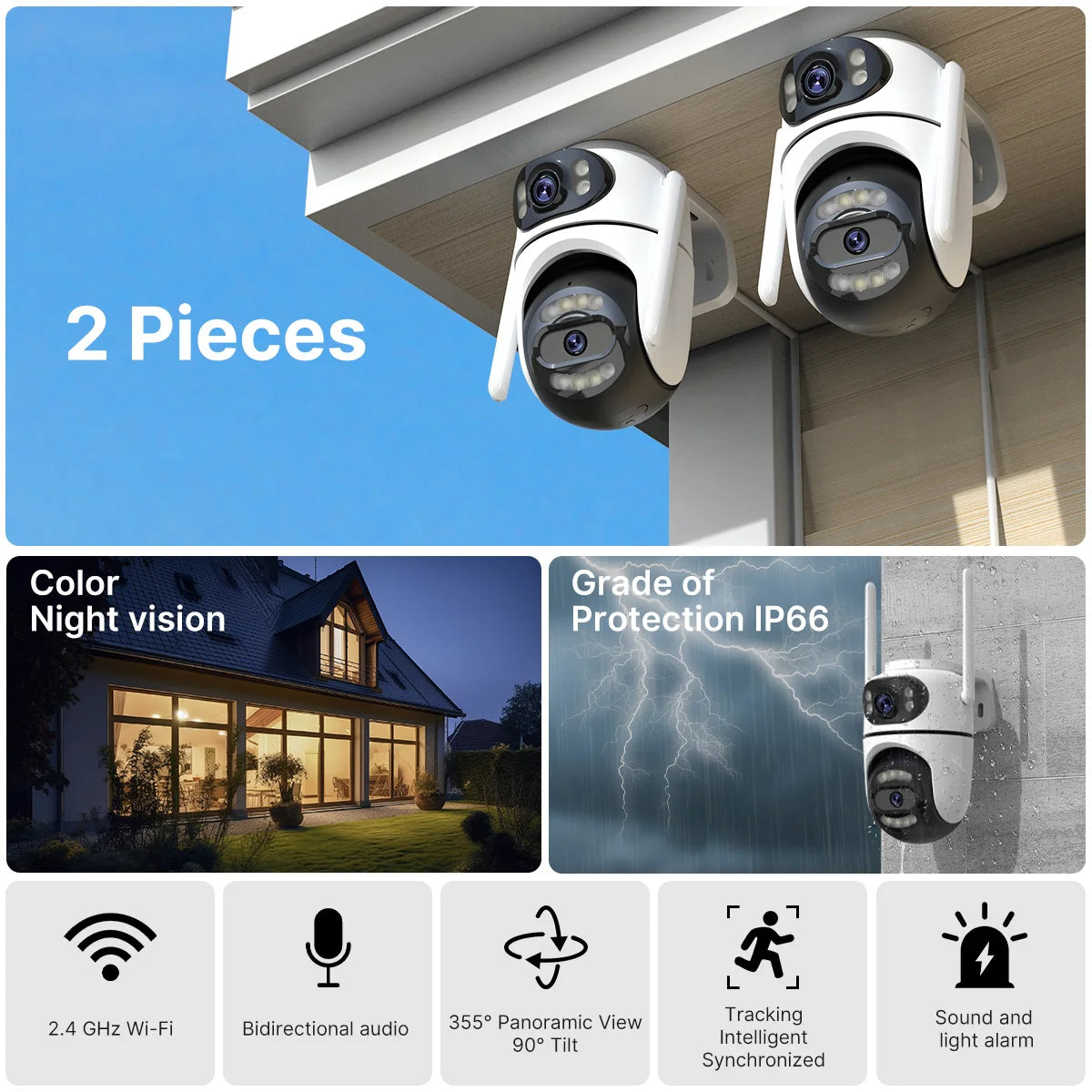 WONSDAR 2pcs Outdoor WIFI IP Camera Smart Home Security Protection PTZ Camera AI Auto Tracking Night Vision Surveillance iCsee