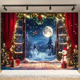 Fondo navideño, árbol de Navidad, Papá Noel, nieve y luna, escena nocturna, pancarta de fotografía 
