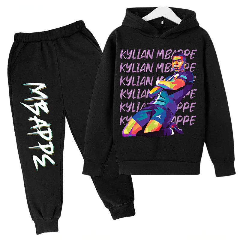 Conjunto de sudadera con capucha para niños, conjunto de sudadera y pantalones con estampado de Mbappe, ropa deportiva de 2 piezas para niños y niñas, primavera y otoño