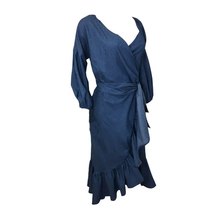 Vestido elegante con escote en V para mujer, con volantes y cordones, estilo vintage azul, estilo retro con mangas acampanadas, para fiesta y noche, primavera y verano, 2024
