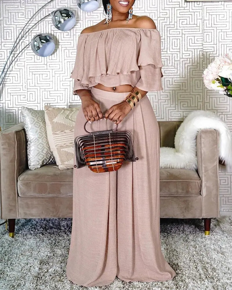 Conjunto elegante de dos piezas con top corto con volantes y hombros descubiertos y pantalones de pierna ancha para playa, conjunto sexy de verano