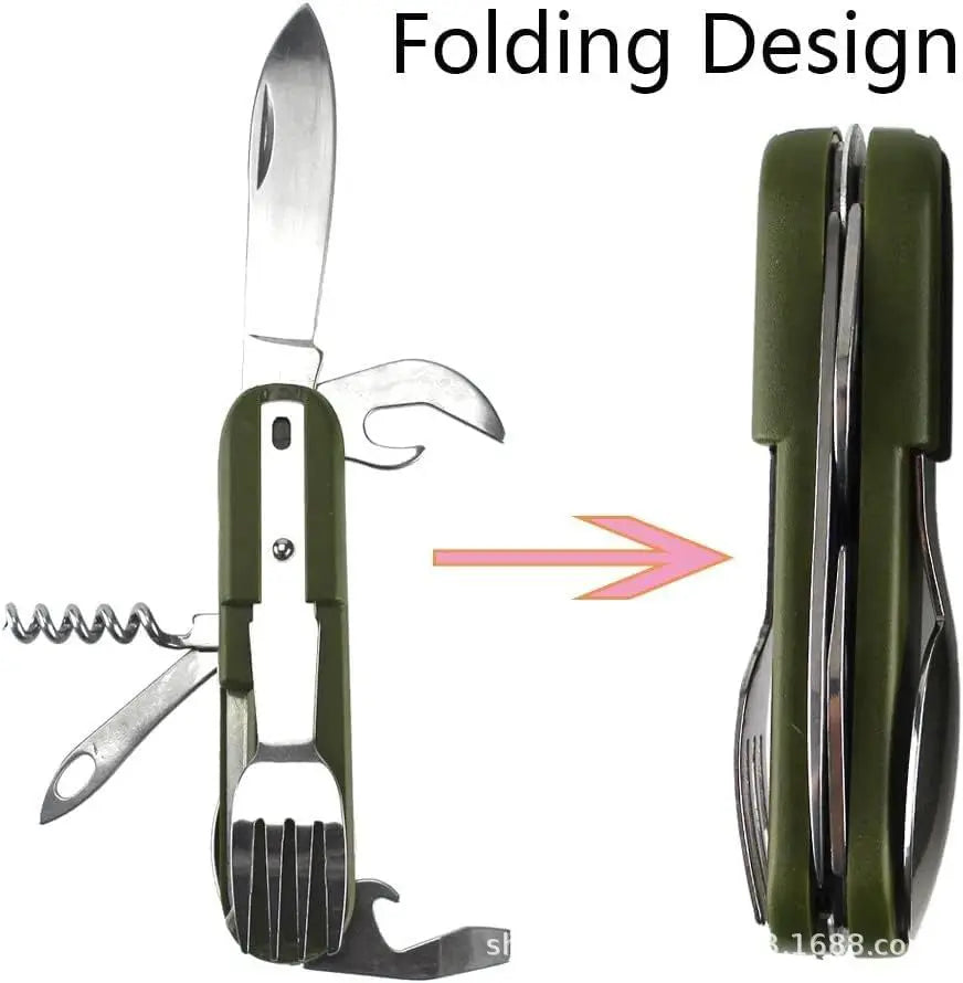 Vajilla multifuncional 7 en 1 para exteriores, herramientas de supervivencia, tenedor plegable de acero inoxidable, cuchara, cuchillo, vajilla para Picnic y acampada