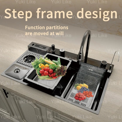 Stainless Steel Kitchen Sink Waterfall with Trash Can Cup Wash Household Apartment Countertop Washbasin Large Single Sink