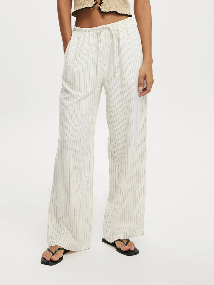 Women's Casual Wide Leg Pants Fashion Stripe/Coconut Tree Print Drawstring Waist Side Pockets Casual Loose Trousers Streetwear