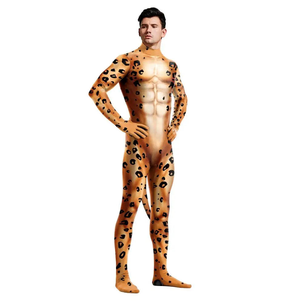 Zawaland Tiger Leopard Cheetah Petsuit for Men Animal Disguise Costume Crotch Zipper Zentai Halloween Carnival Full Bodysuits