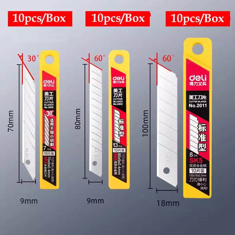 Deli 10pcs/box Knife Blade 9mm 18mm SK5 Metal Blades for Home School Supplies Art Craft Paper Box Cutting Utility Knife Tool