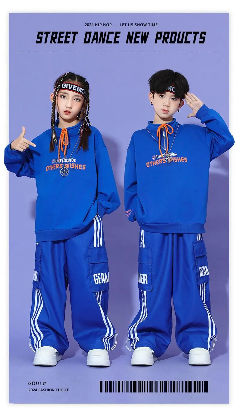 Boys Hip Hop Pullover Street Dance Cargo Pants Girls High Collar Sweatshirt Outfits Kids Jazz Sport Clothes Set Child Streetwear
