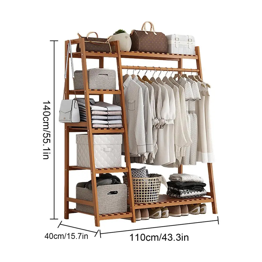 Wooden Garment Coat Clothes Hanging Heavy Duty Rack with top shelf and 2-tier Shoe Clothing Storage Organizer Shelves