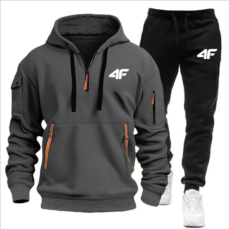 Men's tracksuit zipper hood multi-pocket and protective pants casual jogging tracksuit fall/winter 2-piece setLarge size S-3XL