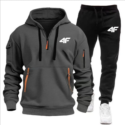 Men's tracksuit zipper hood multi-pocket and protective pants casual jogging tracksuit fall/winter 2-piece setLarge size S-3XL