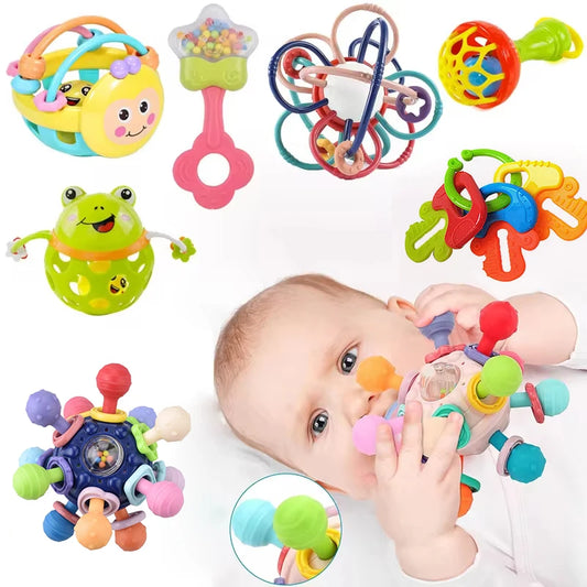 Baby Toys 0-12 Months Rotating Rattle Ball Grasping Activity Baby Development Toy Silicone Teether Sensory Toys for Babies Gifts