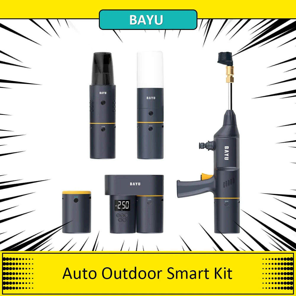BAYU Auto Outdoor Smart Kit (19200mah Power Bank, Tire Inflator, Vacuum Cleaner, Car Washer, Flashlight, Mobile Phone Holder)