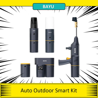 Kit inteligente para exteriores BAYU Auto (batería externa de 19200 mAh, inflador de neumáticos, aspiradora, lavaparabrisas, linterna y soporte para teléfono móvil)