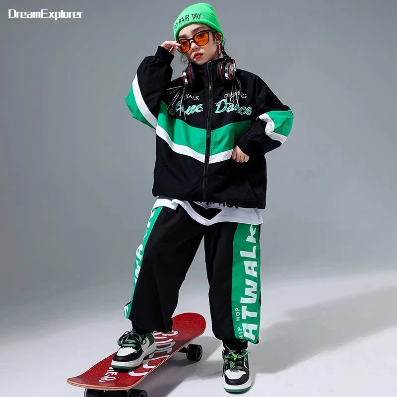 Hip Hop Girls Contrast Bomber Jacket Sport Pants Boys Street Dance Coat Streetwear Kids Jazz Clothes Set Children School Uniform