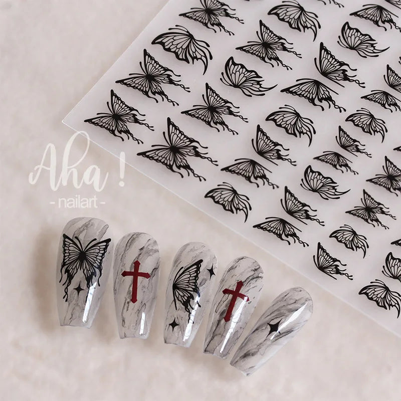 Japanese Punk Style Black Rabbit & Dark Butterfly Nail Stickers 5D Pearl Nail Art Decal Design Manicure Tool High Quality