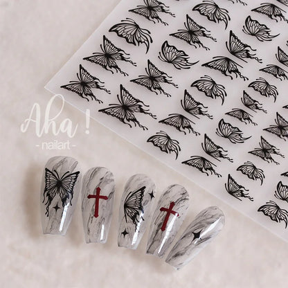 Japanese Punk Style Black Rabbit & Dark Butterfly Nail Stickers 5D Pearl Nail Art Decal Design Manicure Tool High Quality