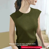 Summer Ice Silk Loose Fashionable Simple Pure Color round Neck Fly Sleeve T Shirt Women Short Sleeve Simple Style Crew Neck