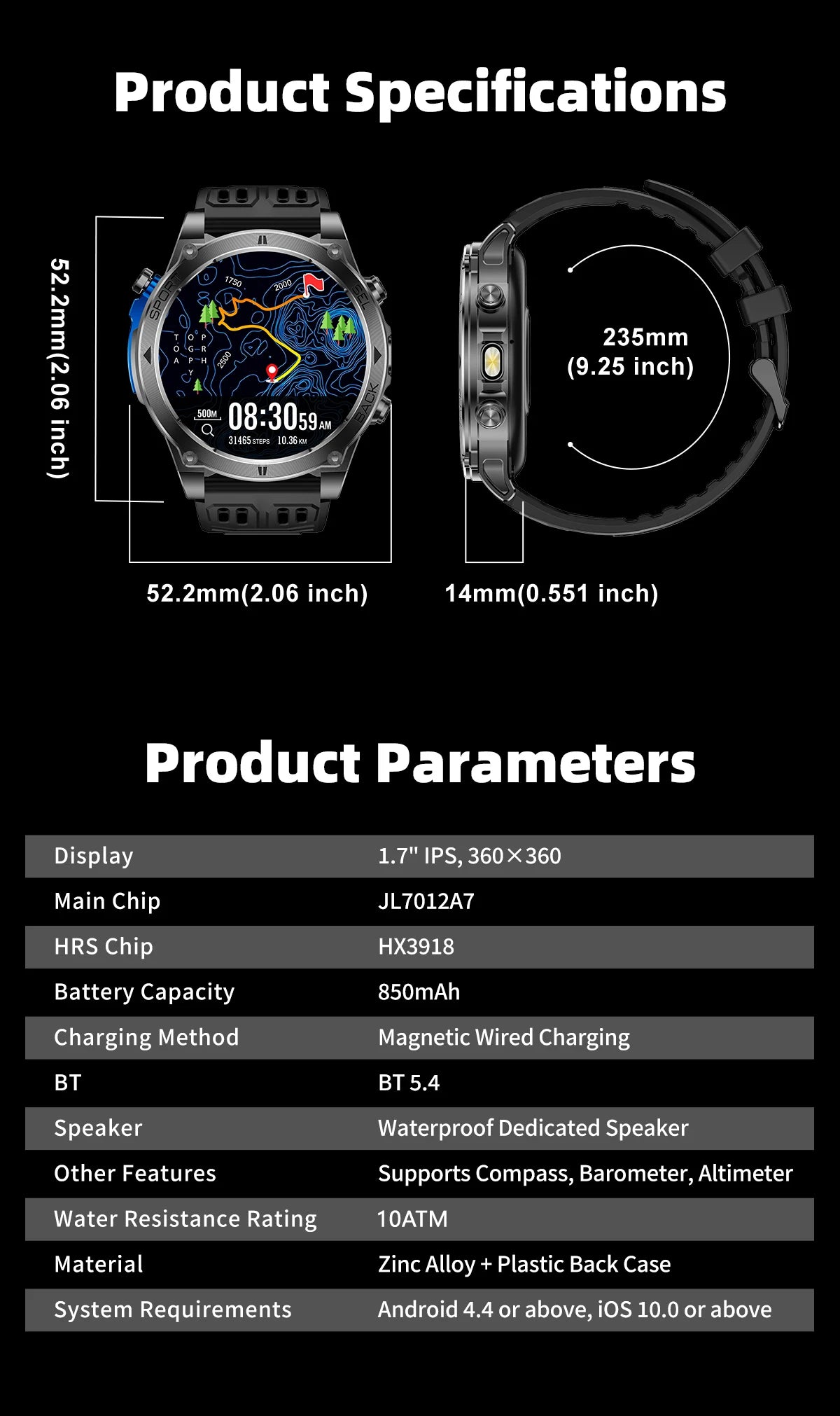 Novo Smartwatch Masculino T-RX4 Ultra GPS 2026 – Posicionamento GPS de 6 satélites, resistência à água 10ATM, bateria de 850mAh, bússola e mais de 170 modos esportivos.