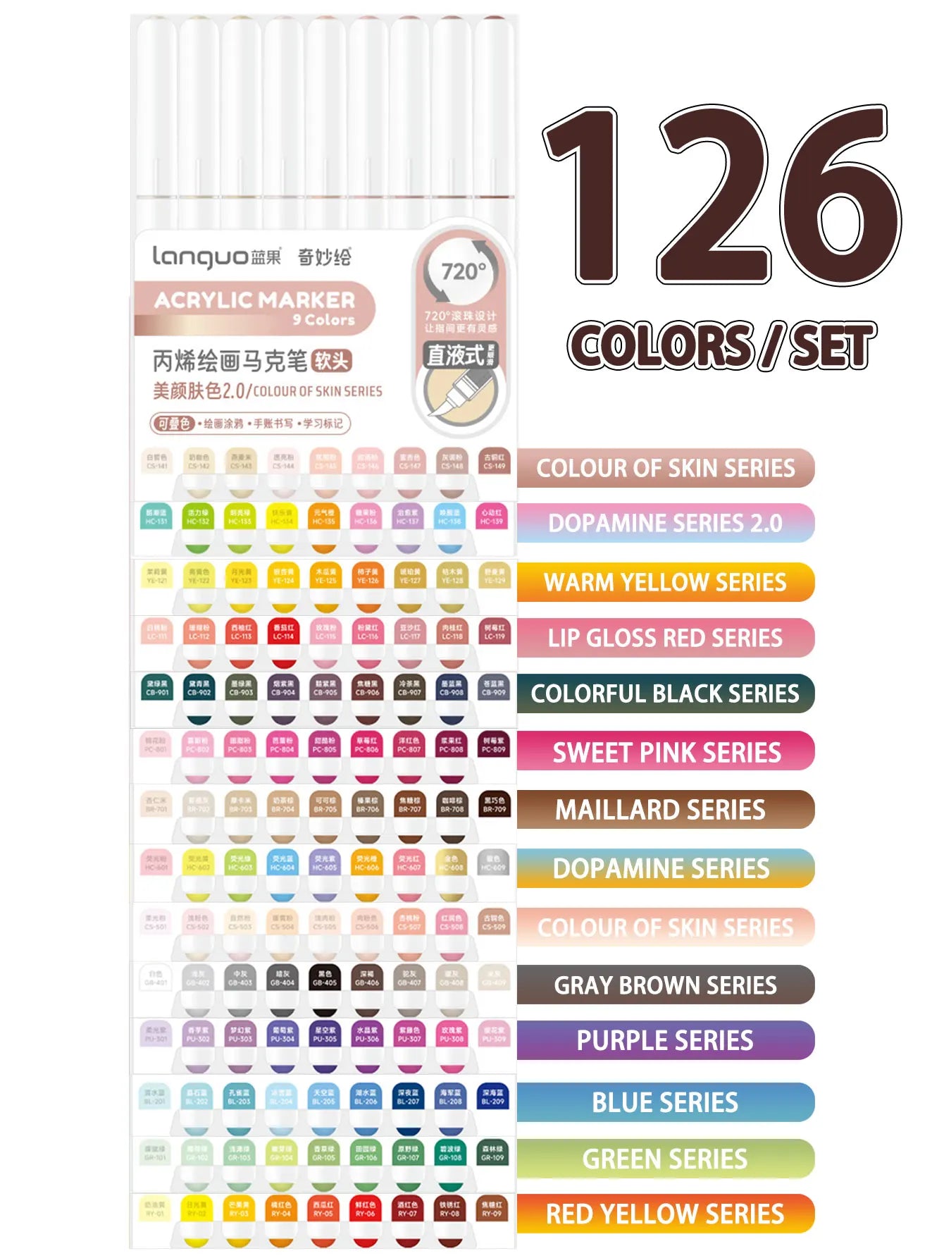 Languo 9pcs/box Soft Brush Acrylic Marker Pen Set, DIY Hand Drawn, Paint Art Markers pens, Student Graffiti Acrylic Paint Pens, M720