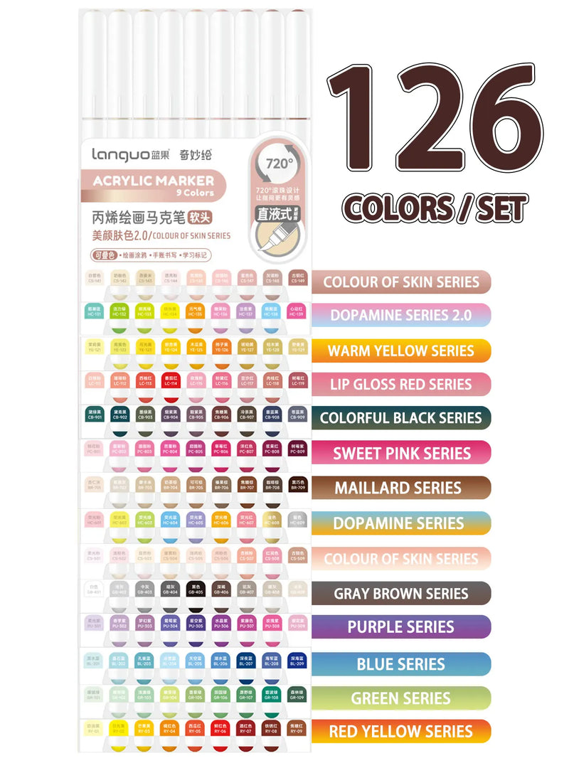 Languo 9pcs/box Soft Brush Acrylic Marker Pen Set，DIY Hand Drawn,Paint Art Markers pens,Student Graffiti Acrylic Paint Pens,M720