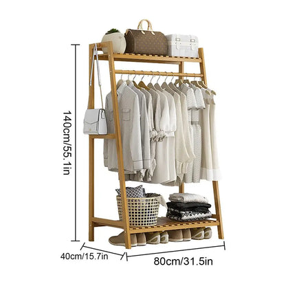 Wooden Garment Coat Clothes Hanging Heavy Duty Rack with top shelf and 2-tier Shoe Clothing Storage Organizer Shelves