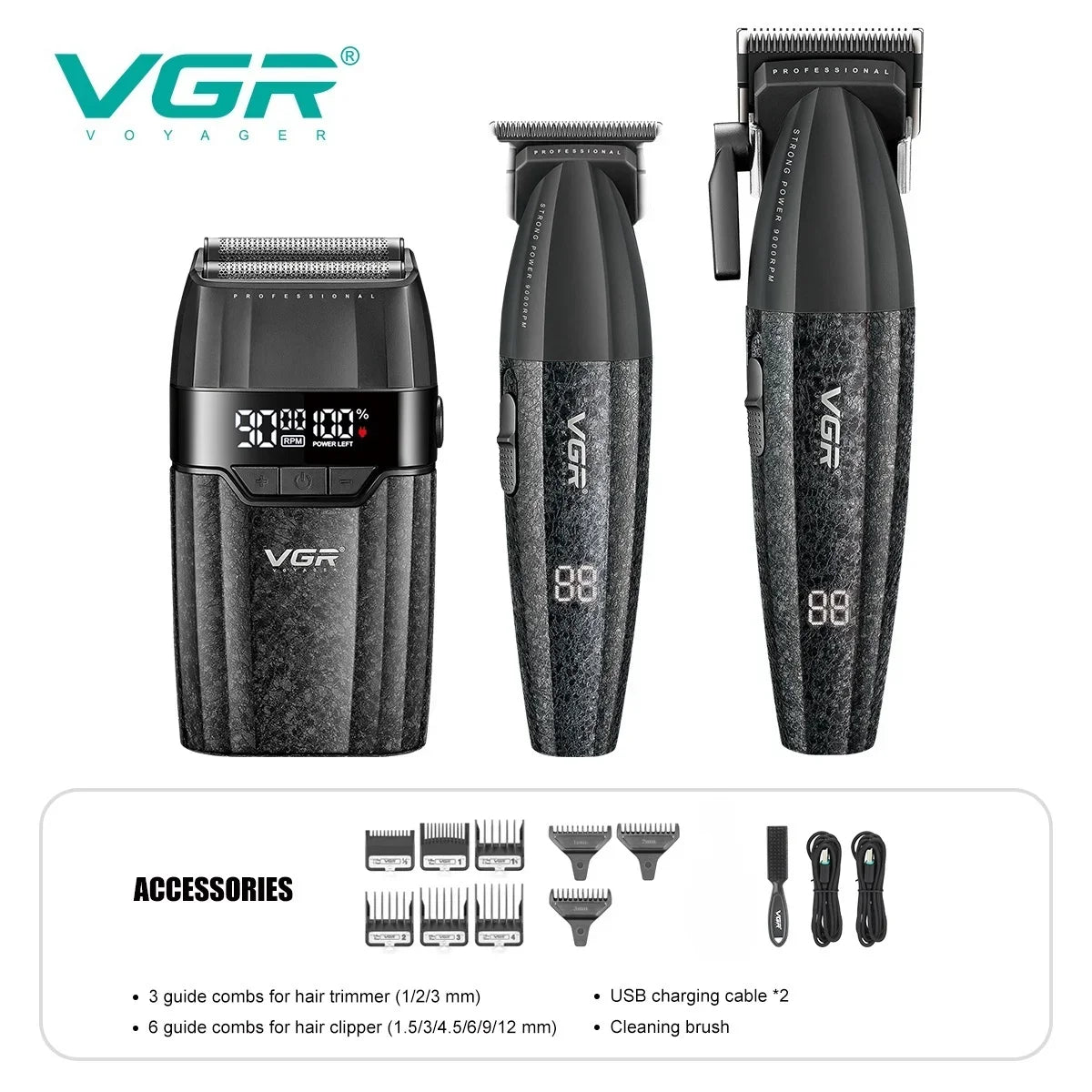 VGR Hair Trimmer Professional Hair Clippers Adjustable Hair Cutting Machine 9000 RPM Cordless Clippers and Trimmers Set V-640 S3