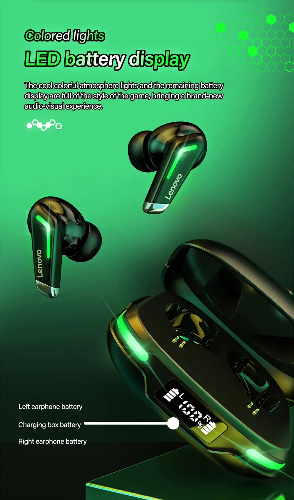 Auriculares deportivos originales Lenovo GM3 Bluetooth 5.0 con reducción de ruido, baja latencia, conexión rápida y modo de espera prolongado.