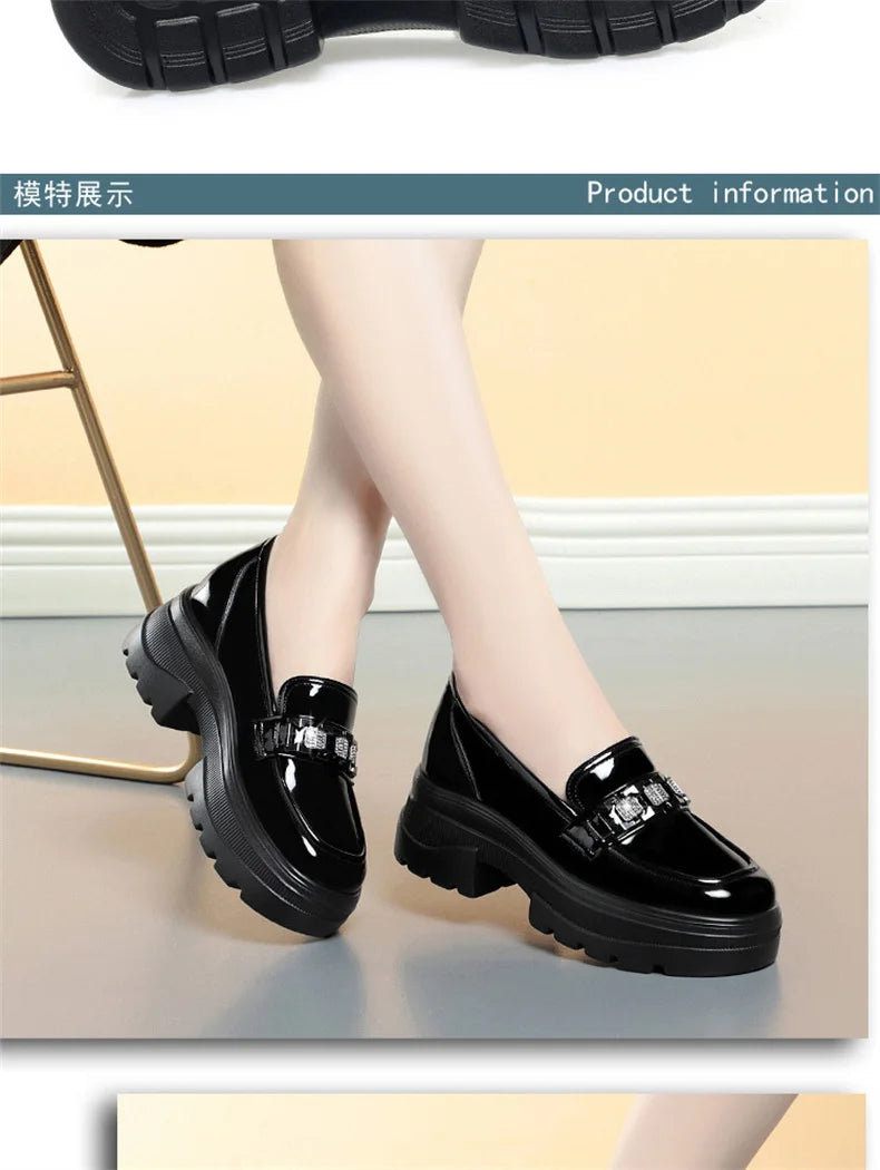 5.5cm British Style Thick Bottom Patent Leather Loafers Women's Platform Shoes 2024 Spring Shallow Block Heels Shoes Office