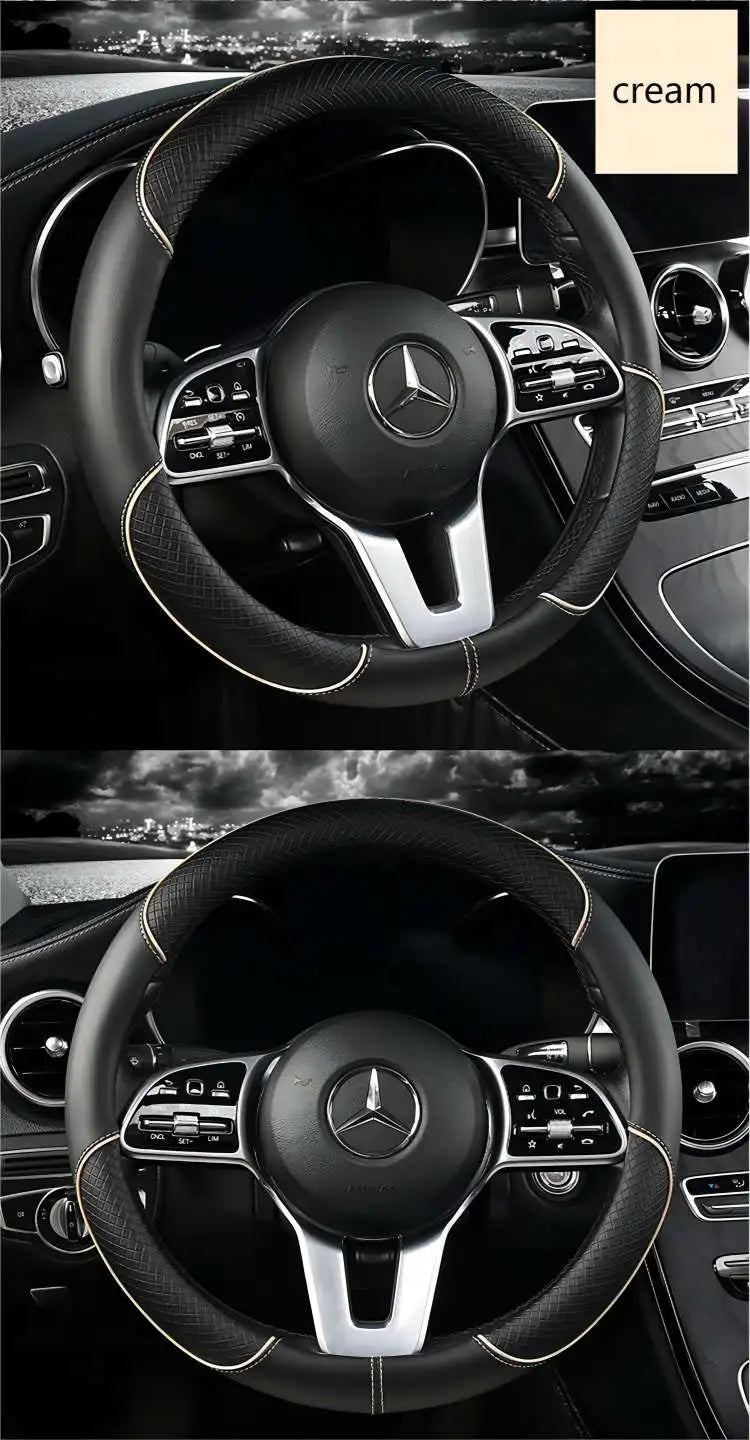 All Seasons Leather Diamond Steering Wheel Cover Universal Fit for 14 .5-15 Inch Durable Leather Cover Anti-Slip Veins Design