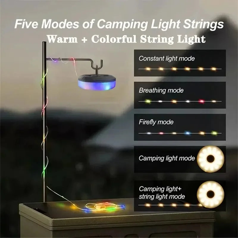 Multifuncional 4 em 1 design luz de acampamento corda usb recarregável ao ar livre tenda decoração luz xte lanterna led com gancho magnético