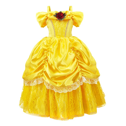 Kids Belle Cosplay Party Princess Dress Beauty Beast Princess Clothes  Halloween Event Festival Party Flowers Print Costume