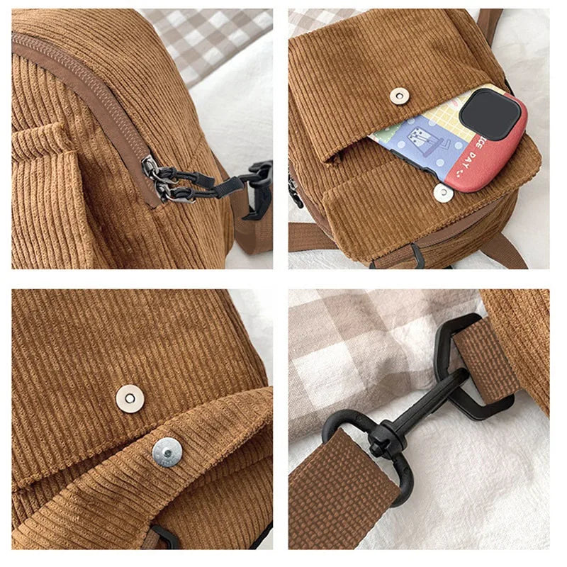 Women's Mini Backpack Fashion Solid Color Corduroy Small Simple Casual Traveling Large Capacity Durable Female's Schoolbag