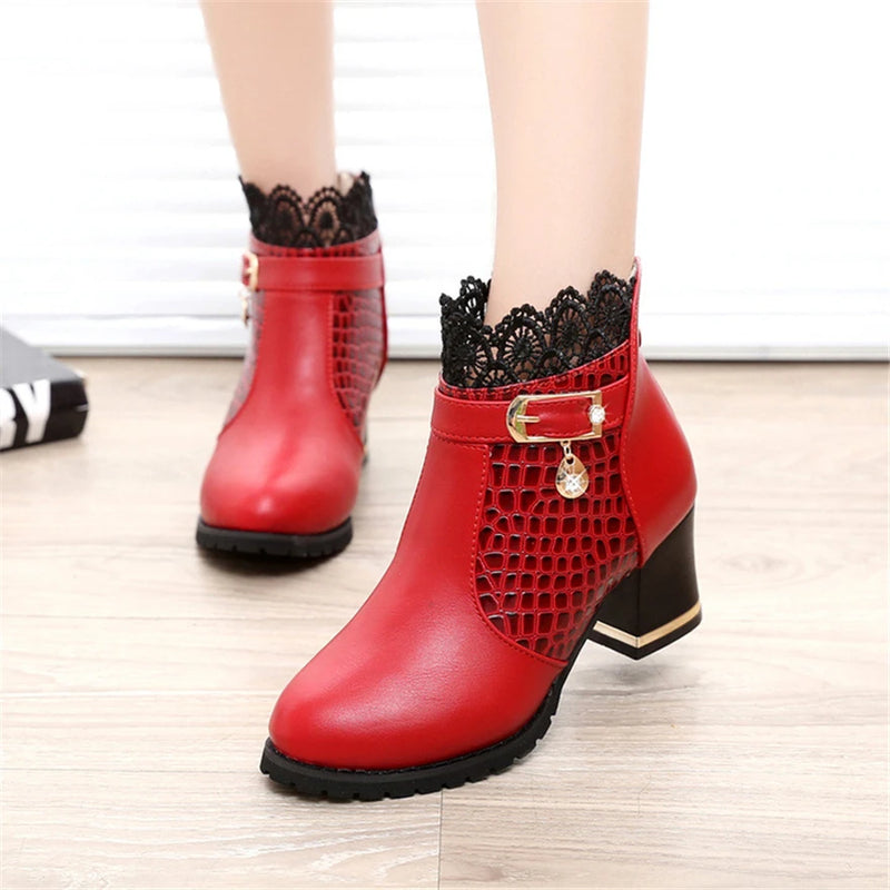 2025 Round Toe Women Fashion Crystal Belt Buckle Boots 6CM Square High Heels Shoes Sexy Leopard Lace Ankle Boots Woman Red Black