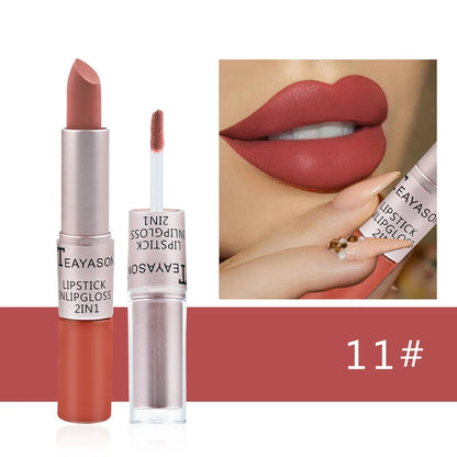 Lápiz labial mate aterciopelado de larga duración, brillo labial de doble cabezal, taza antiadherente, brillo labial, tinte voluminizador, lápiz labial resistente al agua, maquillaje
