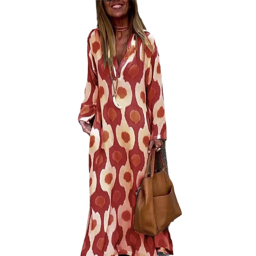 Plus Size 2023 Nova Estação Independente Moda Impressão Exclusiva Vestido Longo com Decote em V Transfronteiriça Europeu Americano Outono Wi...